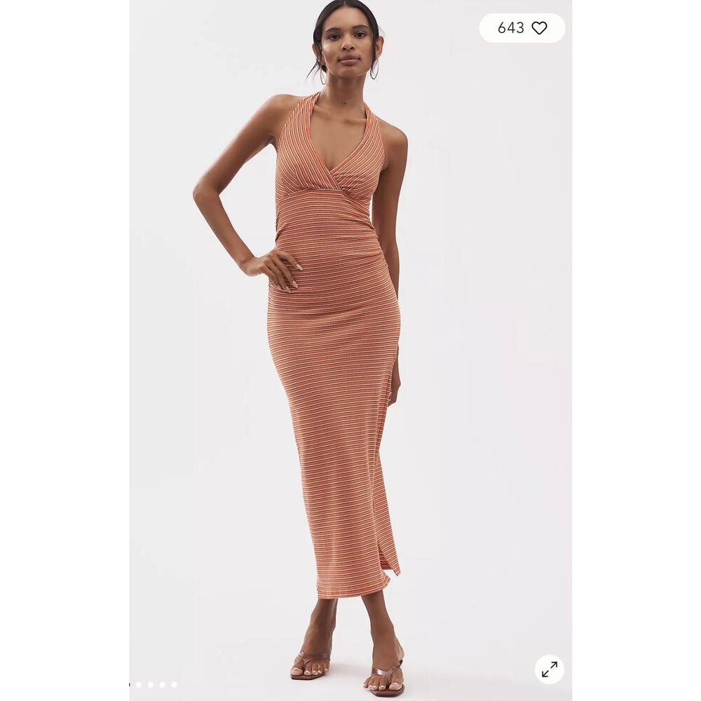 Anthropologie Pilcro High Tide Halter Slim Midi Dress Orange Striped Size S NWT